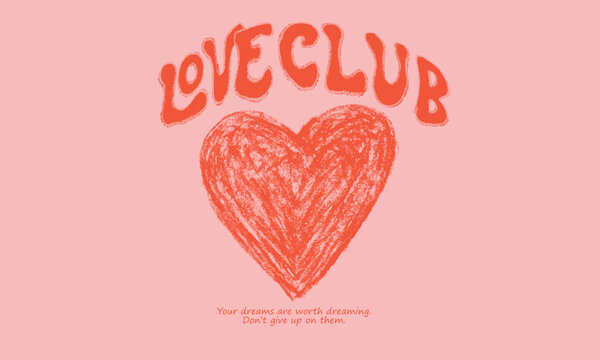 Valentine heart graphic print design. Heart line drawing. Love day artwork. Self love club. Oil pastel color heart painting.