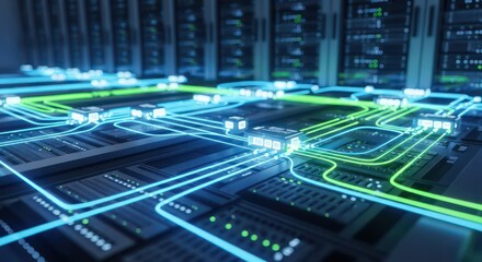 Futuristic Server Mainframe with Luminous Blue and Green Data Streams