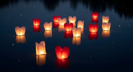 Numerous heart-shaped paper lanterns float on a dark, reflective body of water at night, illuminated with a warm, glowing light.