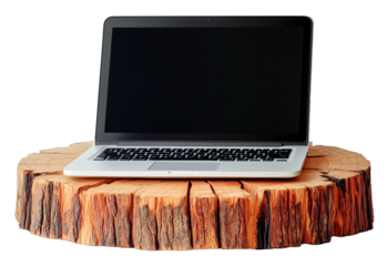 Laptop sits on unique stand made from tree stump cross section, showcasing blend of technology and nature. wooden texture adds rustic charm to modern device., isolated