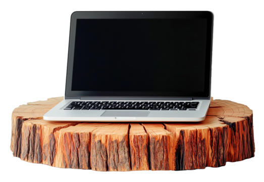 Laptop sits on unique stand made from tree stump cross section, showcasing blend of technology and nature. wooden texture adds rustic charm to modern device., isolated