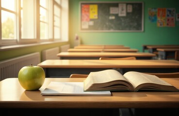 Serene classroom with green wall, whiteboard, and bulletin board. Gray tile floor, wooden desk with closed book, green apple on desk. Educational setting for learning and teaching.