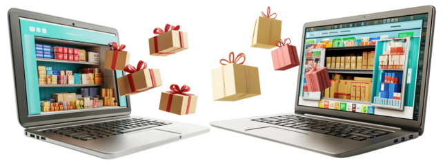 Two laptops display online stores with gift boxes emerging, symbolizing online shopping and trading. vibrant scene captures excitement of digital retail and e commerce., isolated