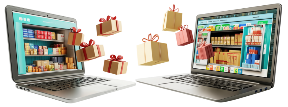 Two laptops display online stores with gift boxes emerging, symbolizing online shopping and trading. vibrant scene captures excitement of digital retail and e commerce., isolated