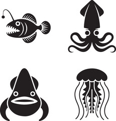 Stylized Vector Icons: Deep Sea Creatures; Anglerfish, Squid, Jellyfish, and Anglerfish Symbol Set.