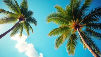 Fototapeta premium Lush tropical palm trees against a vibrant blue sky.