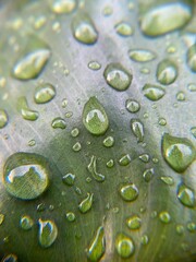 Macro close-up of water droplets on a green leaf surface. Natural texture with clear dew drops, perfect for backgrounds, nature themes, or eco concepts.