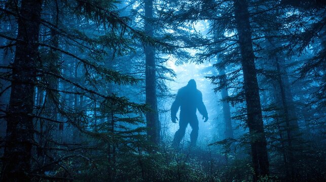 Silhouette of a large, unidentified hominid walking through a misty forest, adding a mysterious and eerie atmosphere. Is it real or just a legend?