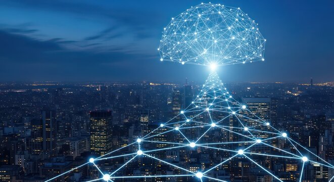 Glowing Plexus Network Tree Illuminating a Vast Smart City at Twilight.