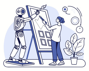 Obraz premium AI and Human Collaboration Vector – Robot Hand Painting in Digital Art Studio,Creative AI Vector Illustration – Human Artist and Robot Co-Creating Art on Canvas