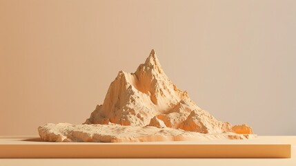 Abstract orange mountain peak standing prominently on a beige platform, featuring bold geometric shapes and smooth contours. Stylized natural formation with warm color contrast, blending artistic mini