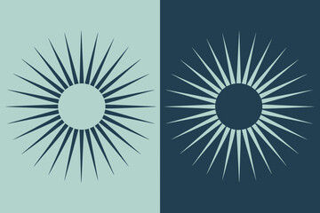 Two sunburst designs in contrasting colors on a split background with geometric radial patterns design