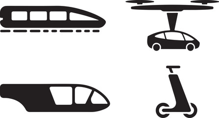 Modern Transportation Icons: Vector Sign Symbols of Train, Flying Car, and Scooter