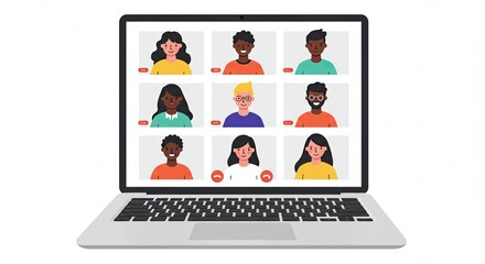 Laptop Showing Video Call with Diverse People on White Background