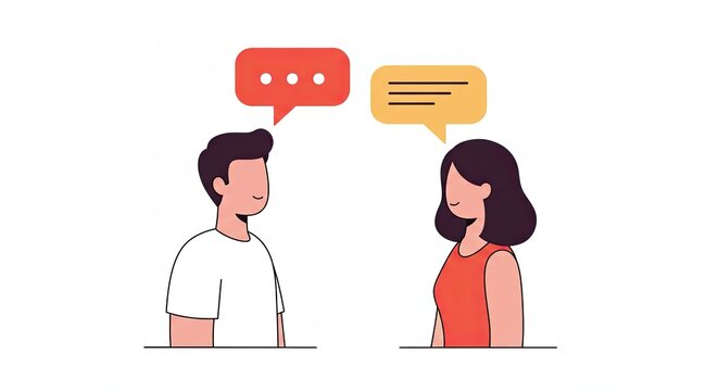 Man and Woman Talking with Orange Speech Bubbles on White Background