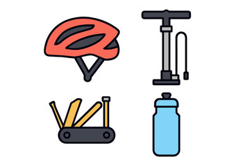 Essential cycling gear for outdoor adventures, including a helmet, pump, multi-tool, and water bottle setup