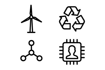 Icons representing renewable energy, recycling, molecular structure, and technology in a sustainable future