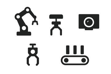 Industrial automation components including robotic arm, conveyor, and camera at a manufacturing facility
