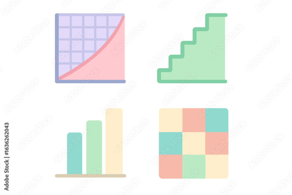 Poster colorful geometric shapes and graphs representing data analysis and growth trends in a creative layo