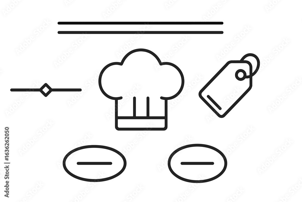 Poster creative culinary design elements featuring a chef hat and label graphics in a minimalist style