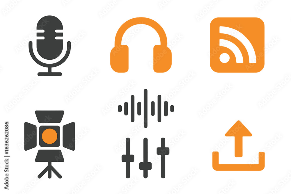 Poster icons representing audio production tools and media formats for digital content creation in a modern