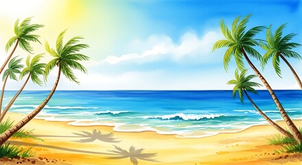 Fototapeta premium Idyllic Watercolor Beach Scene with Palm Trees and Gentle Waves