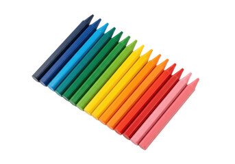 Fototapeta premium Vibrant, richly textured crayon strokes in distinct diagonal lines, blue to pink, on an immaculate transparent background with copy space, top-down studio shot. Concept of childhood creativity and