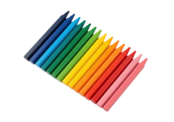 Vibrant, richly textured crayon strokes in distinct diagonal lines, blue to pink, on an immaculate transparent background with copy space, top-down studio shot. Concept of childhood creativity and