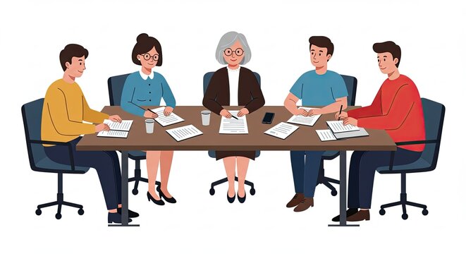 Diverse Team Sitting at Brown Table Taking Notes in Meeting