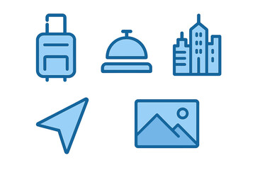 Hotel travel icons representing luggage, reception bell, skyline, navigation, and scenic view