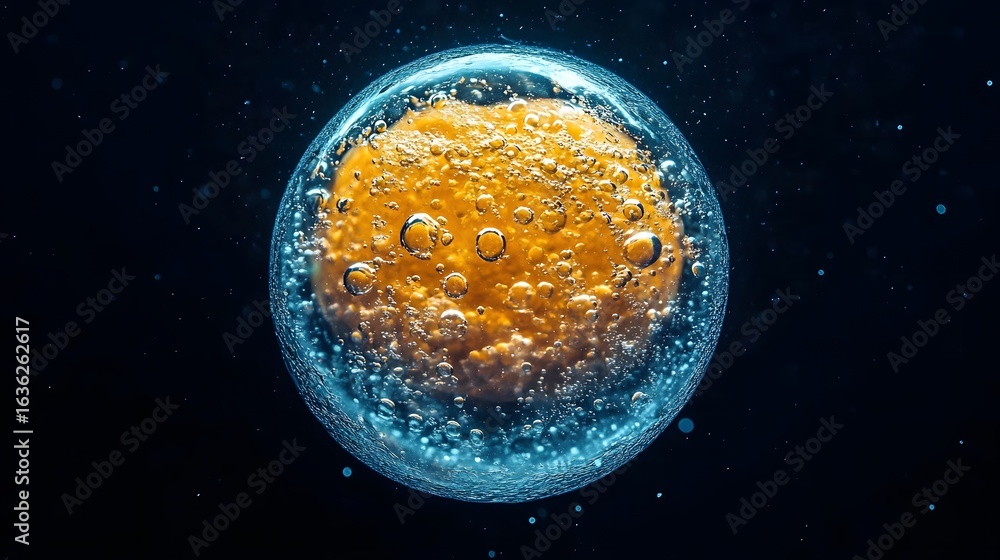 Poster orange sphere floating in bubbles with dark background