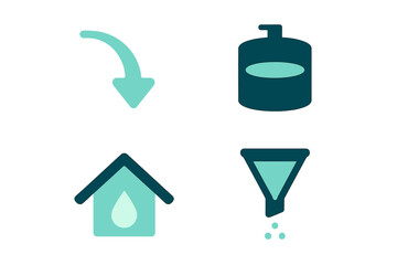 Water purification system with tank, faucet, home, and filter icons in a modern design