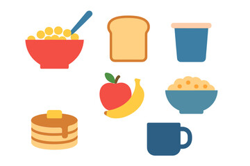 Breakfast items displayed creatively with cereal, toast, fruit, and beverages in a minimalist style