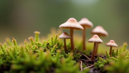 Tiny mushrooms on a bed of moss.