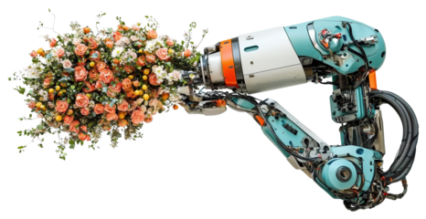 Robotic arm creatively merges with bouquet of flowers, forming unique floral welding machine. design blends technology and nature, showcasing innovation and beauty., isolated