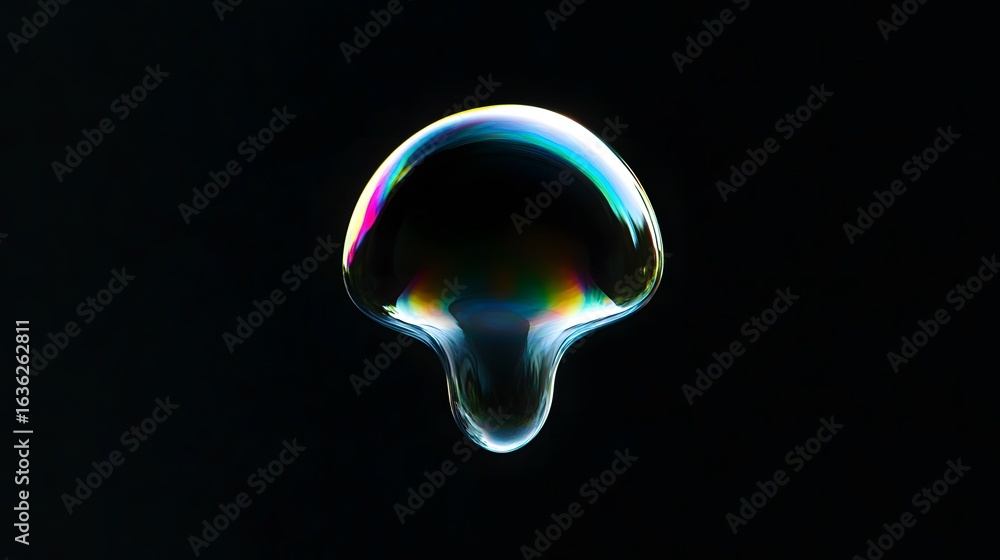 Poster iridescent soap bubble with colorful reflection on black background
