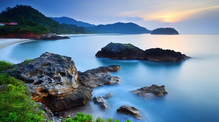 Serene Coastal Sunrise Landscape Rocks Beach Ocean