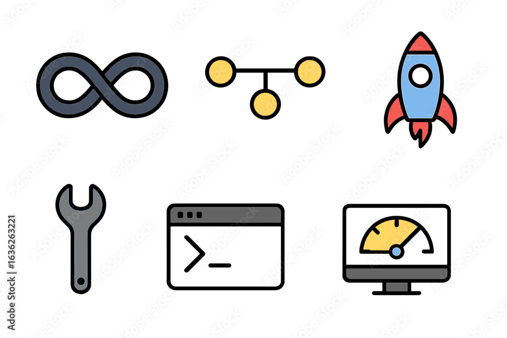 Poster collection of technology icons illustrating concepts like infinity, data structure, rocket, and perf