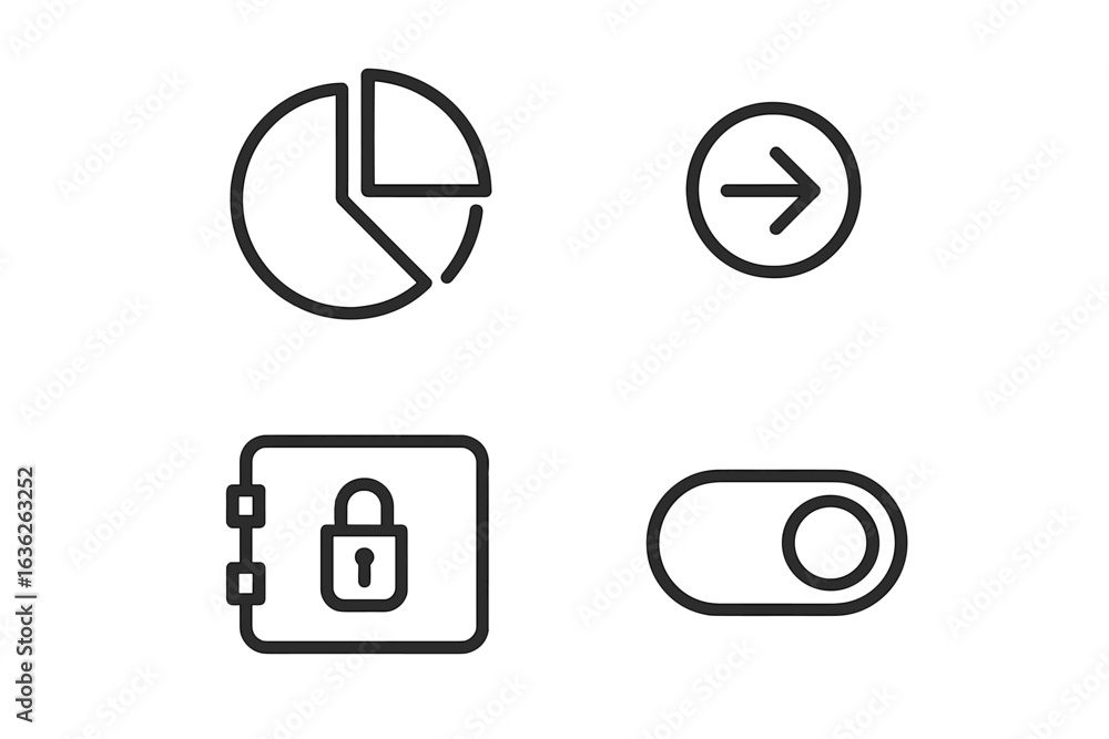 Poster graphic symbols illustrating data analysis, security, and user interface design concepts