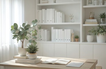 Fototapeta premium Bright workspace interior with open book, plants in pots. White shelves with folders at blurred light background. Psychology, mental health workspace. Table for business, diagnosis, advisor,