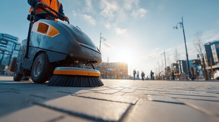 Street Cleaner: Automated machine sweeping a paved urban area under a bright sky.