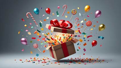 A gift box exploding with confetti and treats for a festive celebration