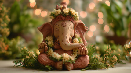 Fototapeta premium Lord Ganesha with floral crown and forest decoration - Happy Ganesh Chathurthi
