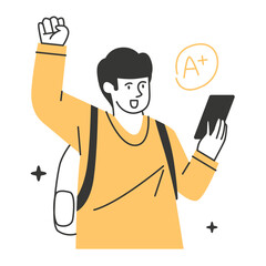 A young student achieves top marks, celebrating a successful school exam result with a triumphant fist pump.