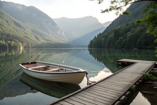 Tranquil rowboat tied to wooden dock on serene mountain lake