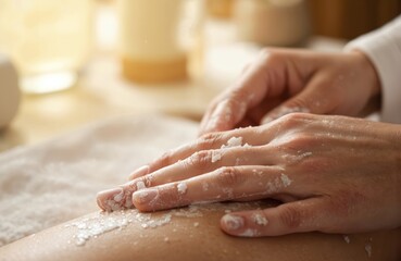 Person hand gently massaged with white substance, possibly lotion cream. Hand positioned on right side of frame with fingers slightly curled around palm. Spa relaxation setting with blurred