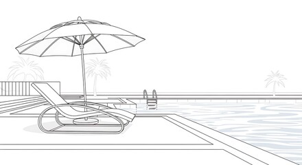 Line art of a modern pool area with a lounge chair, umbrella, and palm trees