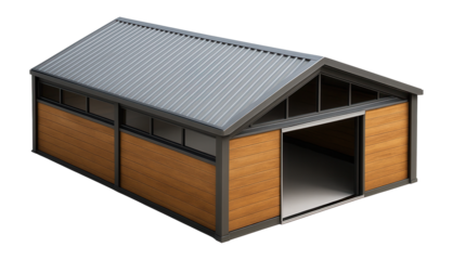 Hybrid hangar with steel and wood components and gable roof design