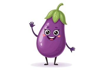 Cheerful Cartoon Eggplant Waving Hello on a White Background character