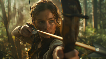 Female archer preparing to shoot in woods